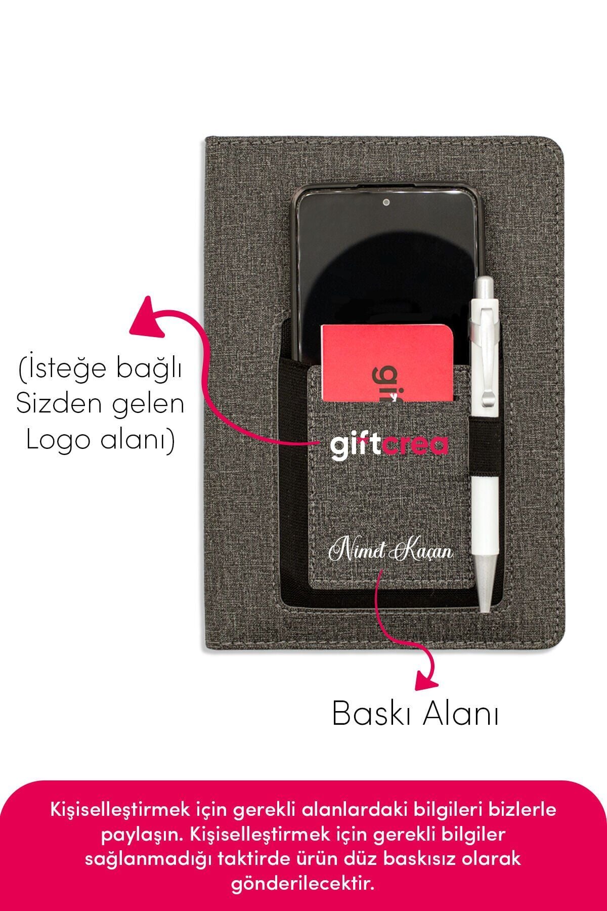 Kişiye Özel Cepli Kanguru Termo Deri Defter - Özelleştirilebilir Tarihsiz Defter Çipsiz