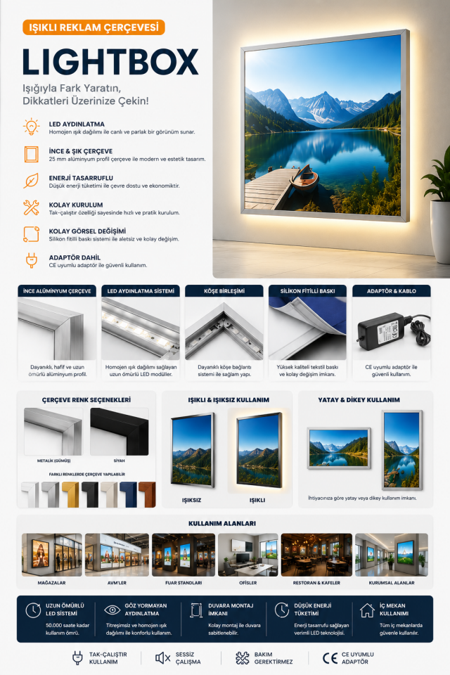 LED Lightbox Işıklı Reklam Çerçevesi | Silikon Fitilli Tekstil Baskılı Alüminyum Çerçeve | İç Mekan Reklam Panosu