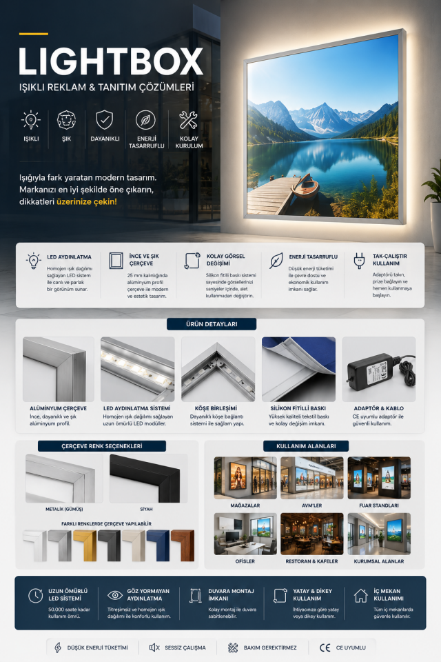 LED Lightbox Işıklı Reklam Çerçevesi | Silikon Fitilli Tekstil Baskılı Alüminyum Çerçeve | İç Mekan Reklam Panosu