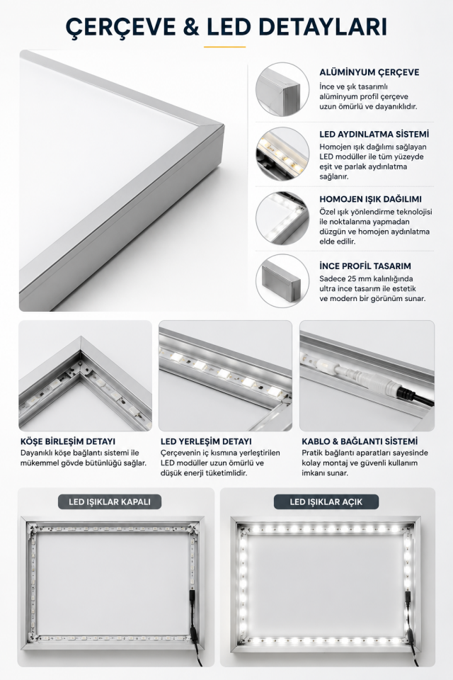LED Lightbox Işıklı Reklam Çerçevesi | Silikon Fitilli Tekstil Baskılı Alüminyum Çerçeve | İç Mekan Reklam Panosu