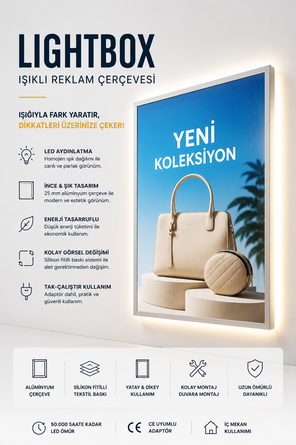 LED Lightbox Işıklı Reklam Çerçevesi | Silikon Fitilli Tekstil Baskılı Alüminyum Çerçeve | İç Mekan Reklam Panosu
