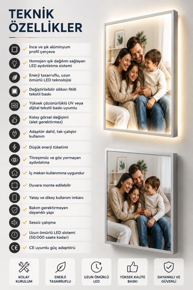 LED Lightbox Işıklı Reklam Çerçevesi | Silikon Fitilli Tekstil Baskılı Alüminyum Çerçeve | İç Mekan Reklam Panosu