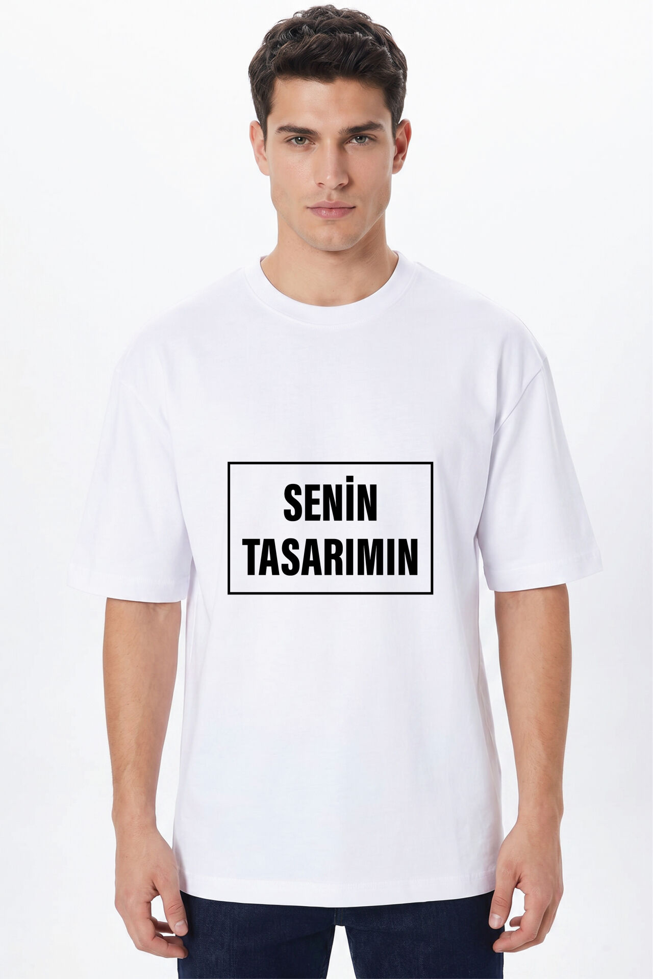 Kişiye Özel Oversize Tişört Baskı - Fotoğraf, Logo, Yazı ve Çizim Baskılı %100 Pamuk Unisex Oversize T-Shirt Beyaz - L