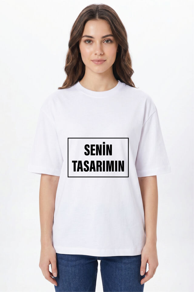 Kişiye Özel Oversize Tişört Baskı - Fotoğraf, Logo, Yazı ve Çizim Baskılı %100 Pamuk Unisex Oversize T-Shirt Beyaz - L