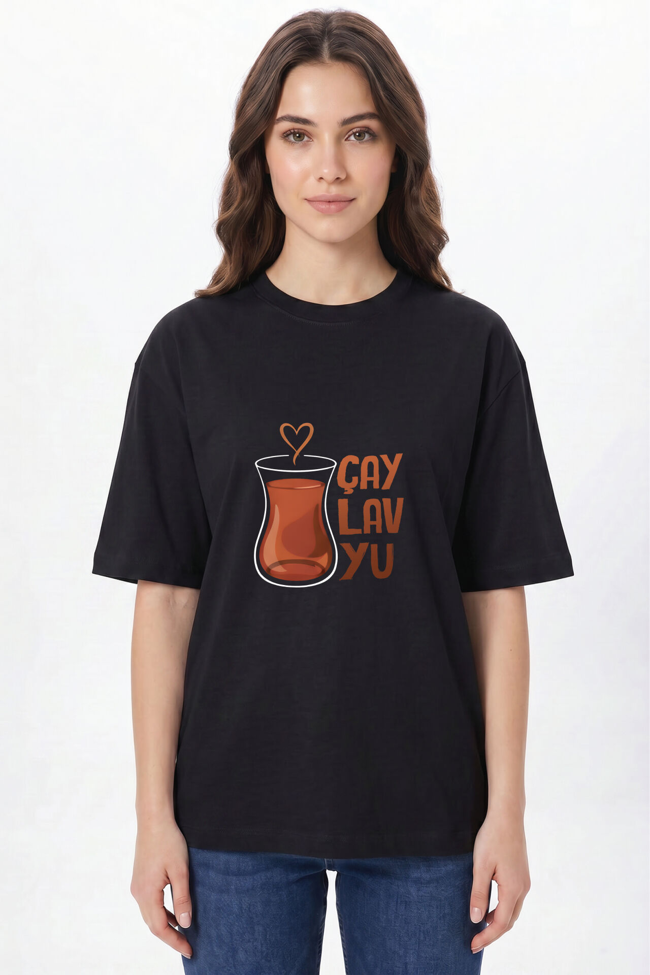 Kişiye Özel Oversize Tişört Baskı %100 Pamuk Unisex Oversize T-Shirt - Çaylavyu Model S - Siyah
