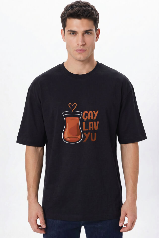 Kişiye Özel Oversize Tişört Baskı %100 Pamuk Unisex Oversize T-Shirt - Çaylavyu Model L - Siyah