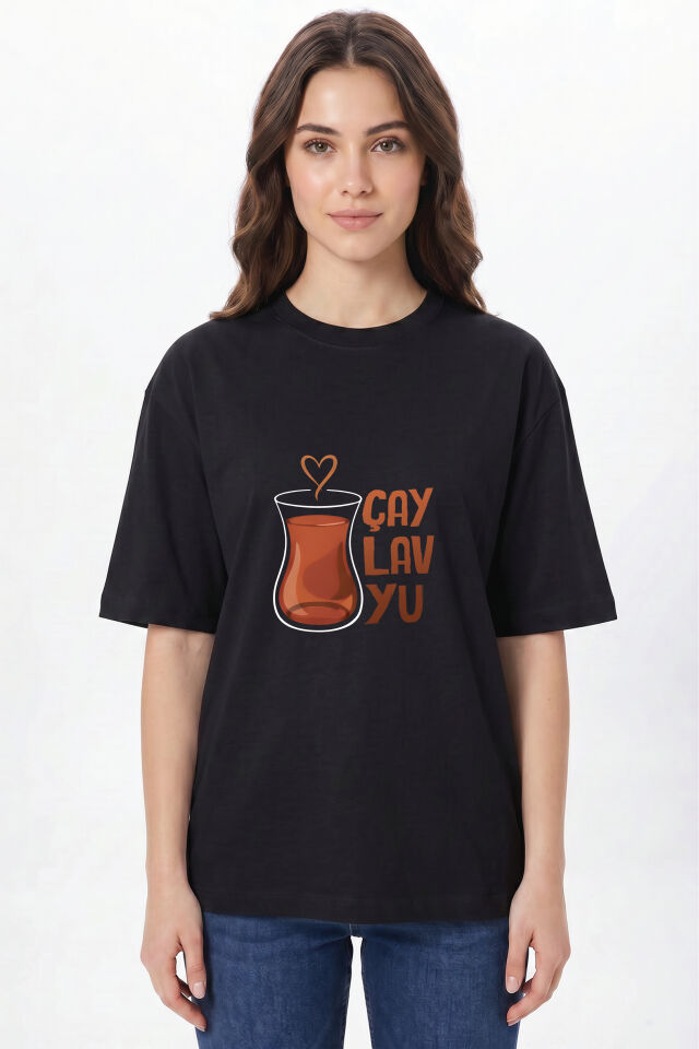 Kişiye Özel Oversize Tişört Baskı %100 Pamuk Unisex Oversize T-Shirt - Çaylavyu Model L - Siyah