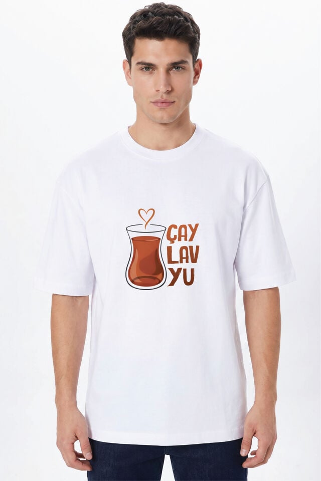 Kişiye Özel Oversize Tişört Baskı %100 Pamuk Unisex Oversize T-Shirt - Çaylavyu Model S - Beyaz