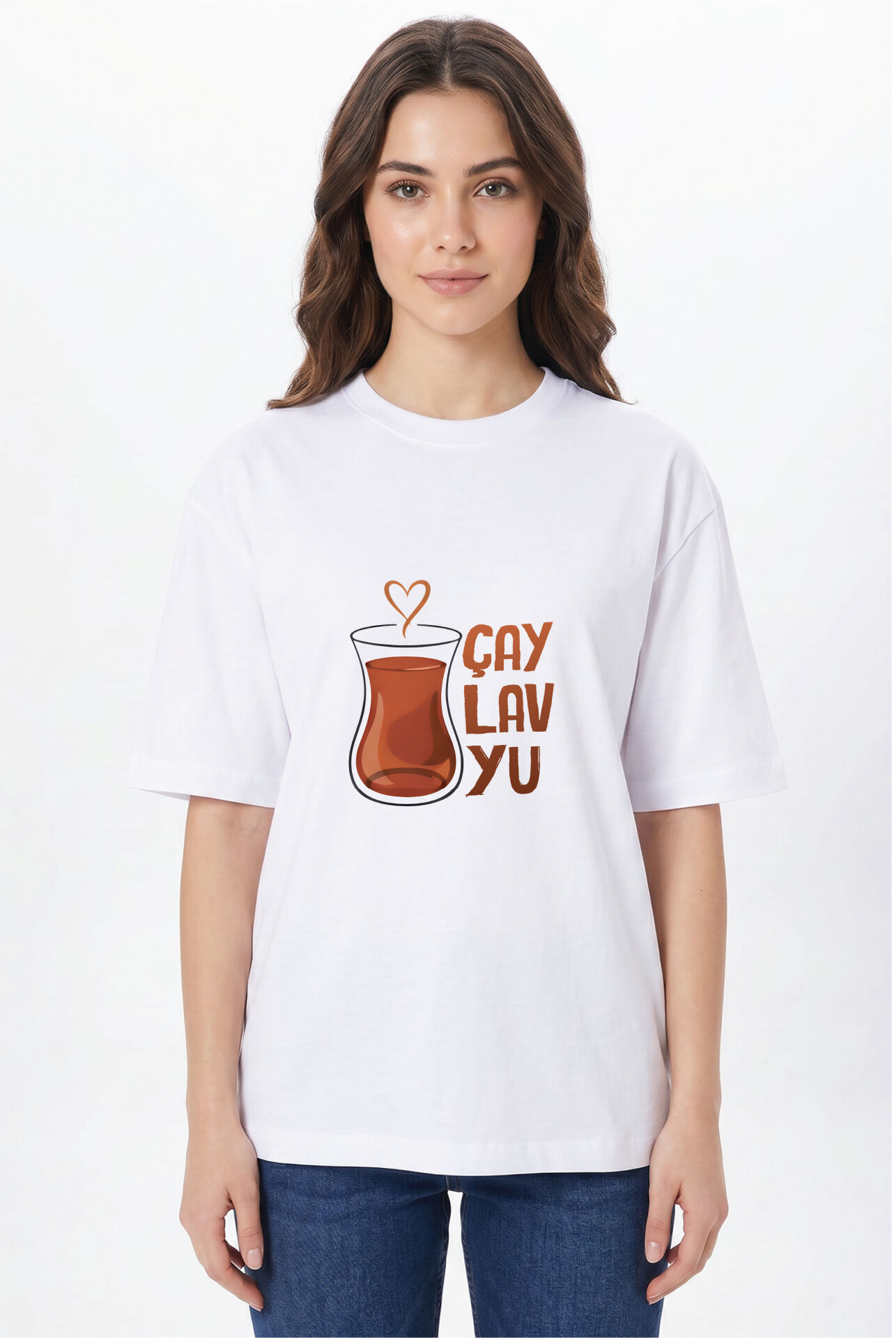 Kişiye Özel Oversize Tişört Baskı %100 Pamuk Unisex Oversize T-Shirt - Çaylavyu Model S - Beyaz