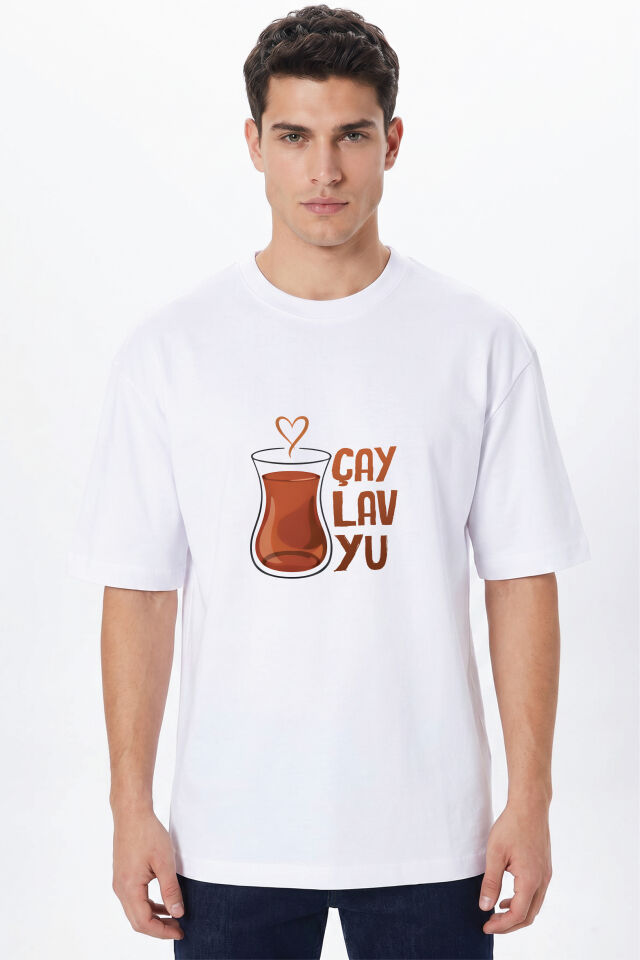 Kişiye Özel Oversize Tişört Baskı %100 Pamuk Unisex Oversize T-Shirt - Çaylavyu Model L - Beyaz