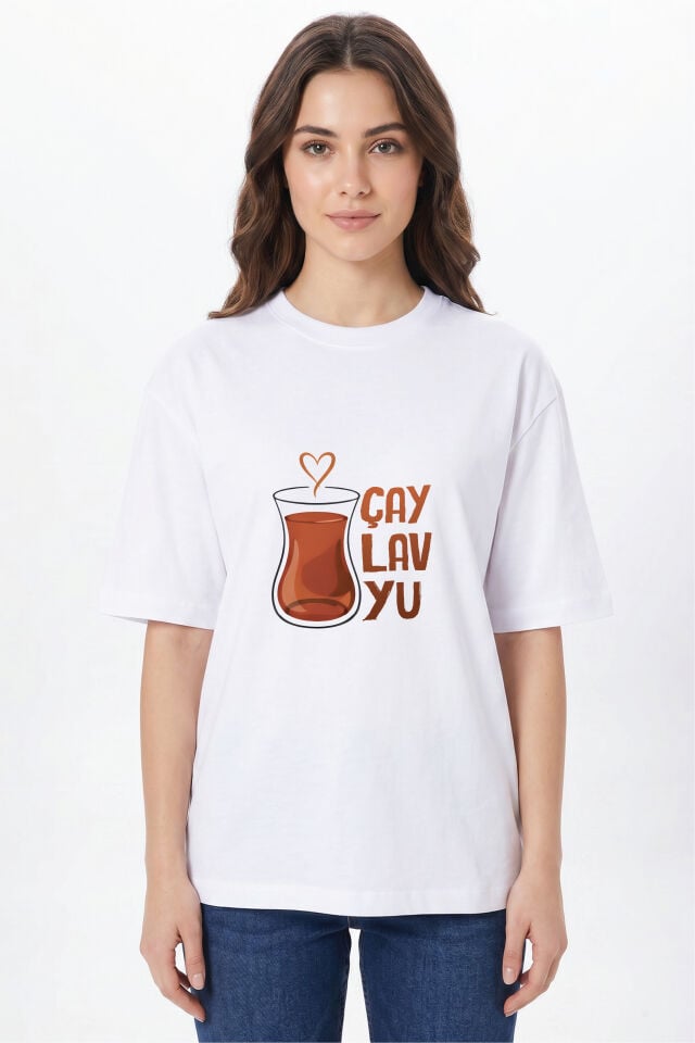Kişiye Özel Oversize Tişört Baskı %100 Pamuk Unisex Oversize T-Shirt - Çaylavyu Model XL - Beyaz