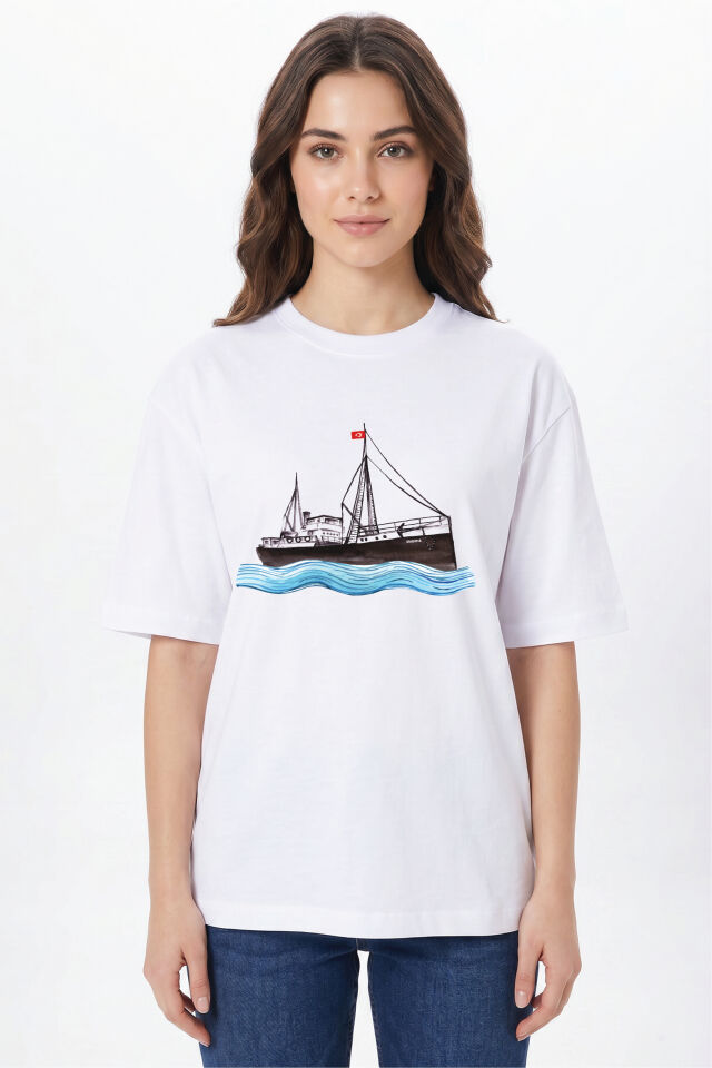 Bandırma Vapuru Baskılı Beyaz Bisiklet Yaka Tişört - %100 Pamuk Unisex L