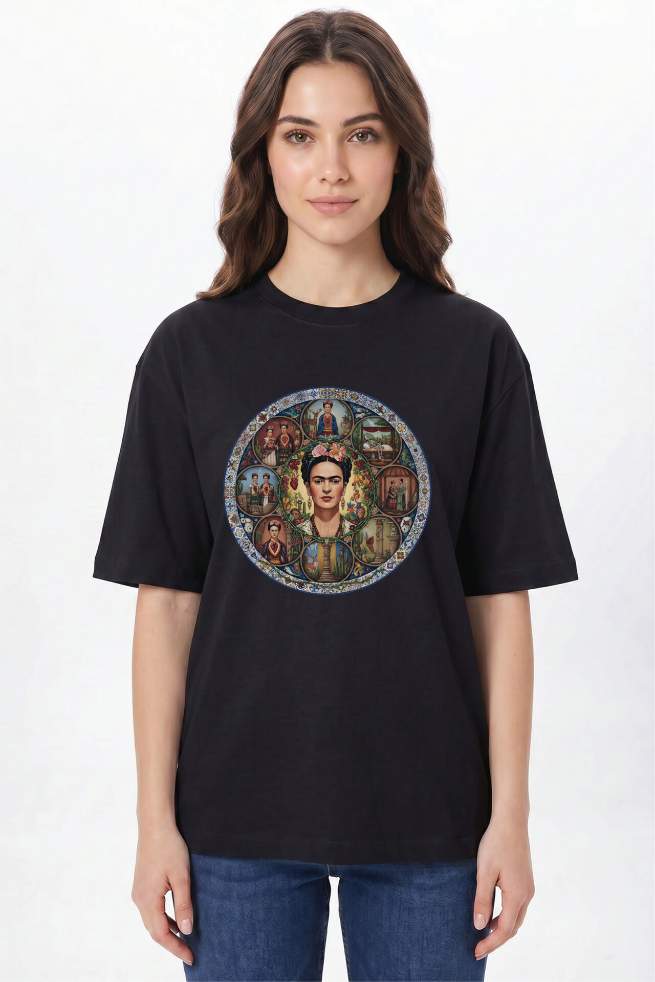 Frida Kahlo Baskılı Beyaz Tişört - %100 Pamuk Bisiklet Yaka Unisex Sanat Temalı T-Shirt