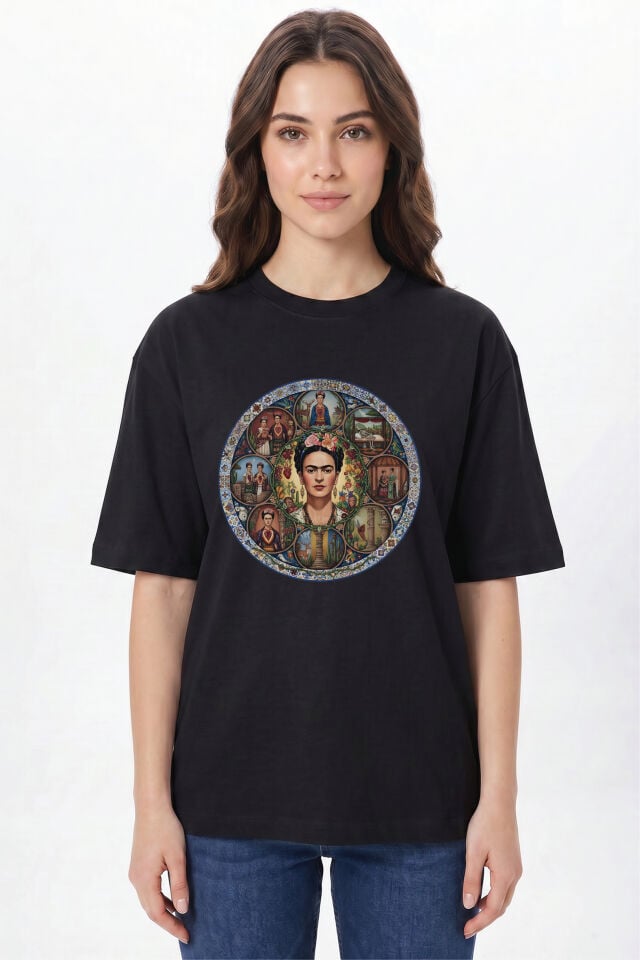 Frida Kahlo Baskılı Beyaz Tişört - %100 Pamuk Bisiklet Yaka Unisex Sanat Temalı T-Shirt XL - Siyah