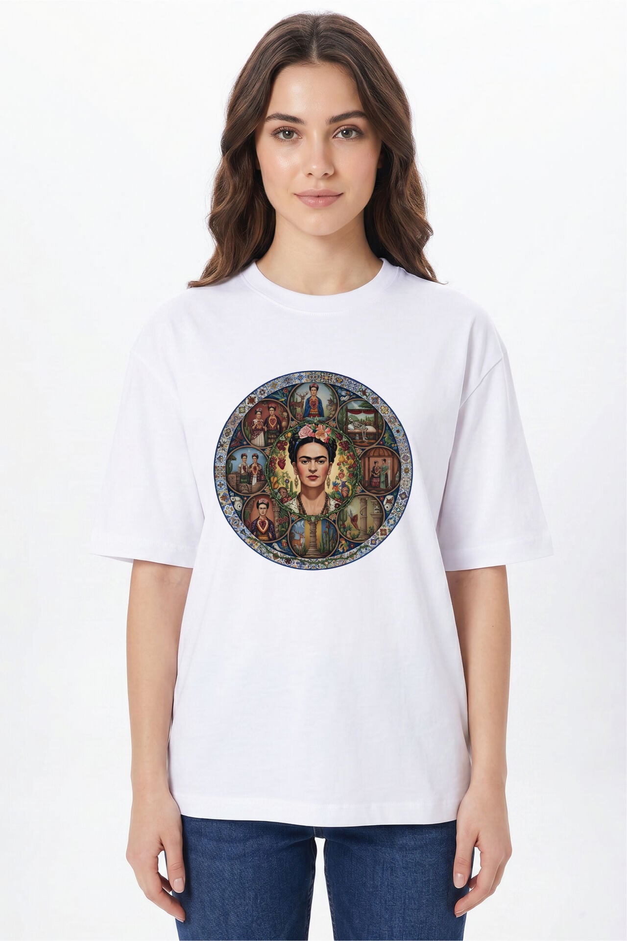Frida Kahlo Baskılı Beyaz Tişört - %100 Pamuk Bisiklet Yaka Unisex Sanat Temalı T-Shirt M - Beyaz