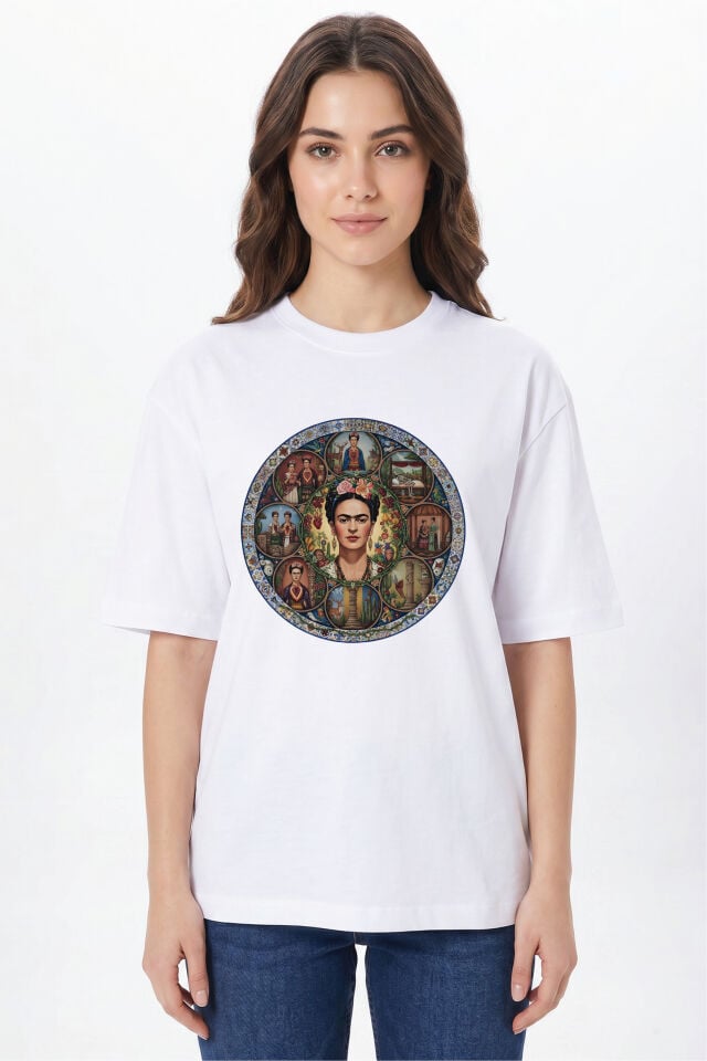 Frida Kahlo Baskılı Beyaz Tişört - %100 Pamuk Bisiklet Yaka Unisex Sanat Temalı T-Shirt M - Beyaz