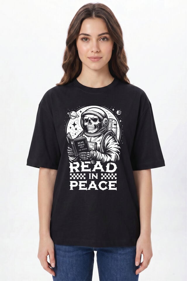 Read in Peace Baskılı Tişört - %100 Pamuk Bisiklet Yaka Unisex Tasarım T-Shirt Siyah - S
