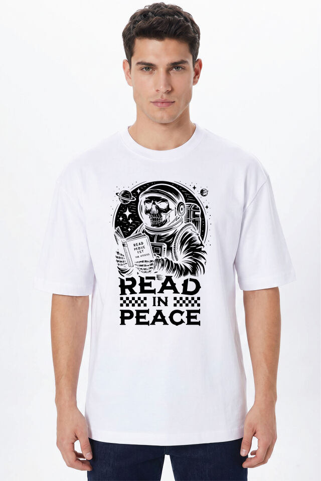 Read in Peace Baskılı Tişört - %100 Pamuk Bisiklet Yaka Unisex Tasarım T-Shirt Beyaz - S
