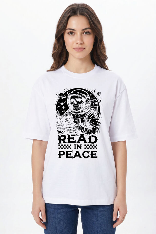 Read in Peace Baskılı Tişört - %100 Pamuk Bisiklet Yaka Unisex Tasarım T-Shirt Beyaz - L