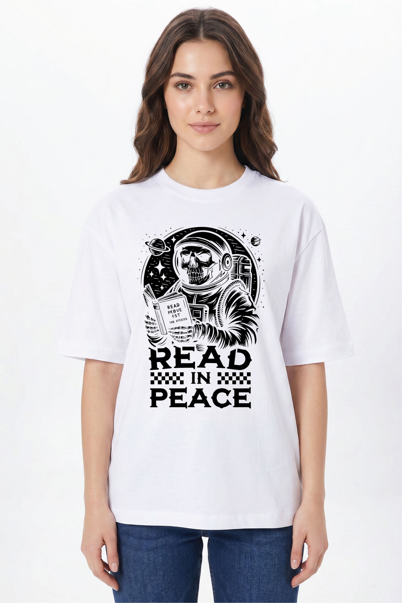 Read in Peace Baskılı Tişört - %100 Pamuk Bisiklet Yaka Unisex Tasarım T-Shirt Beyaz - XL