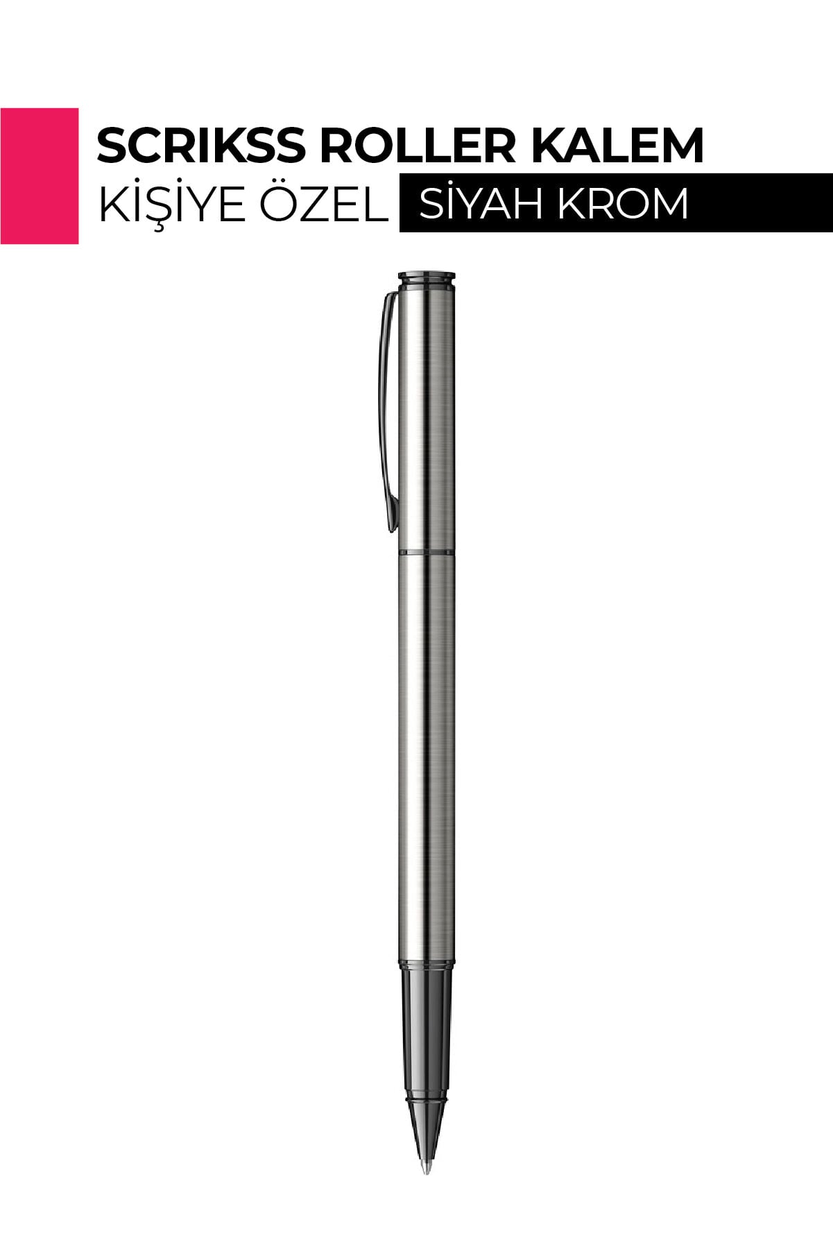 Kişiye Özel Scrikss 64 Roller Kalem 0.7mm - UV Baskılı İsim, Logo ve Kurumsal Metal Kalem Siyah-Krom