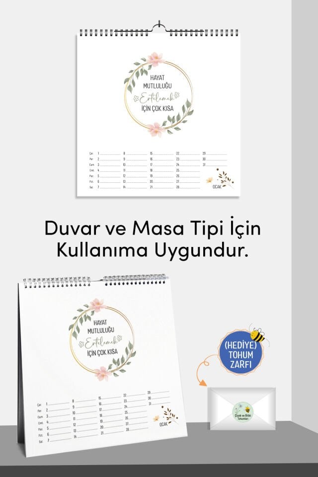 2026 Yeni Yıl Takvimi Çiçek Açan Takvim - Masa ve Duvar Tipi, Tohum Zarfı Hediyeli