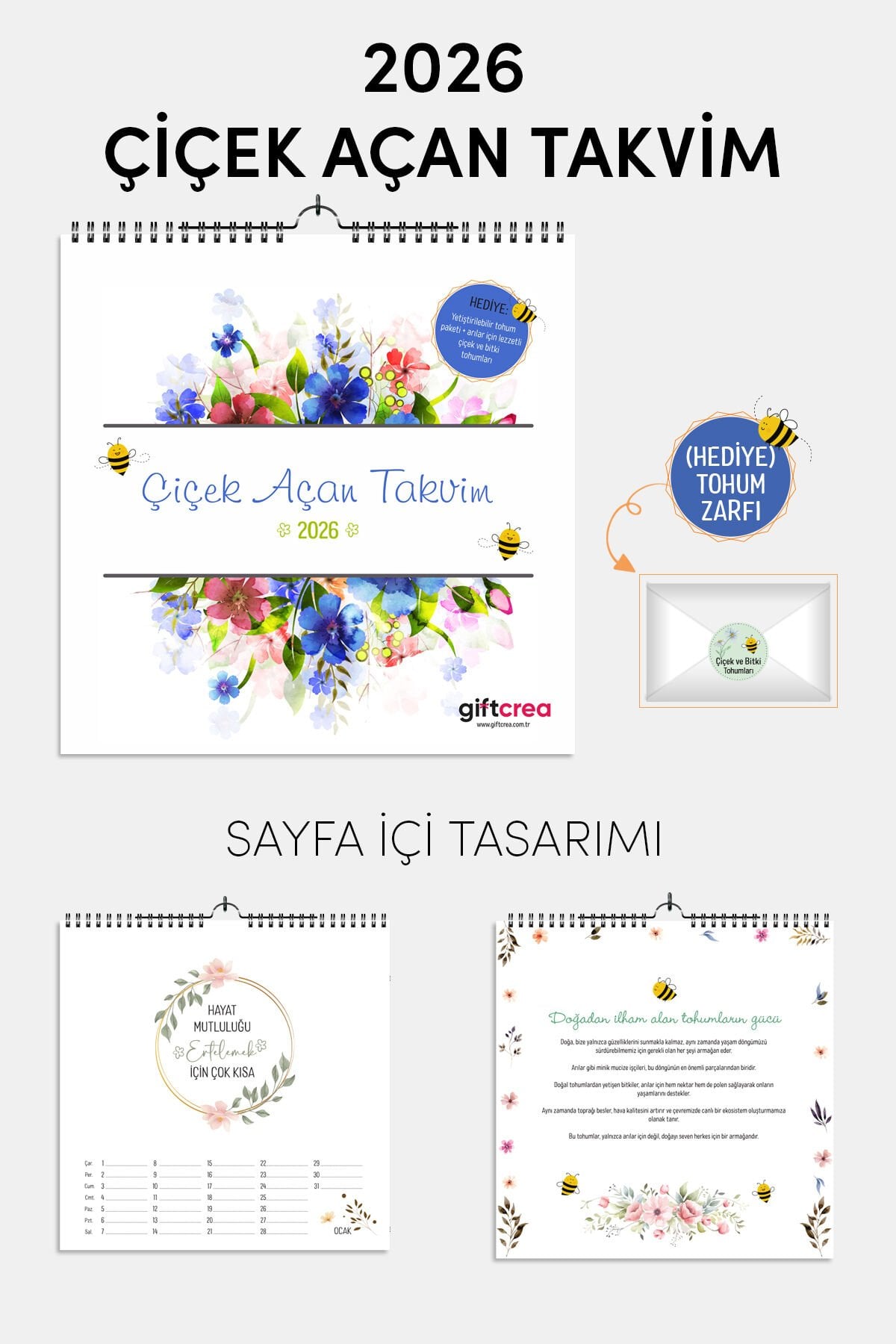 2026 Yeni Yıl Takvimi Çiçek Açan Takvim - Masa ve Duvar Tipi, Tohum Zarfı Hediyeli