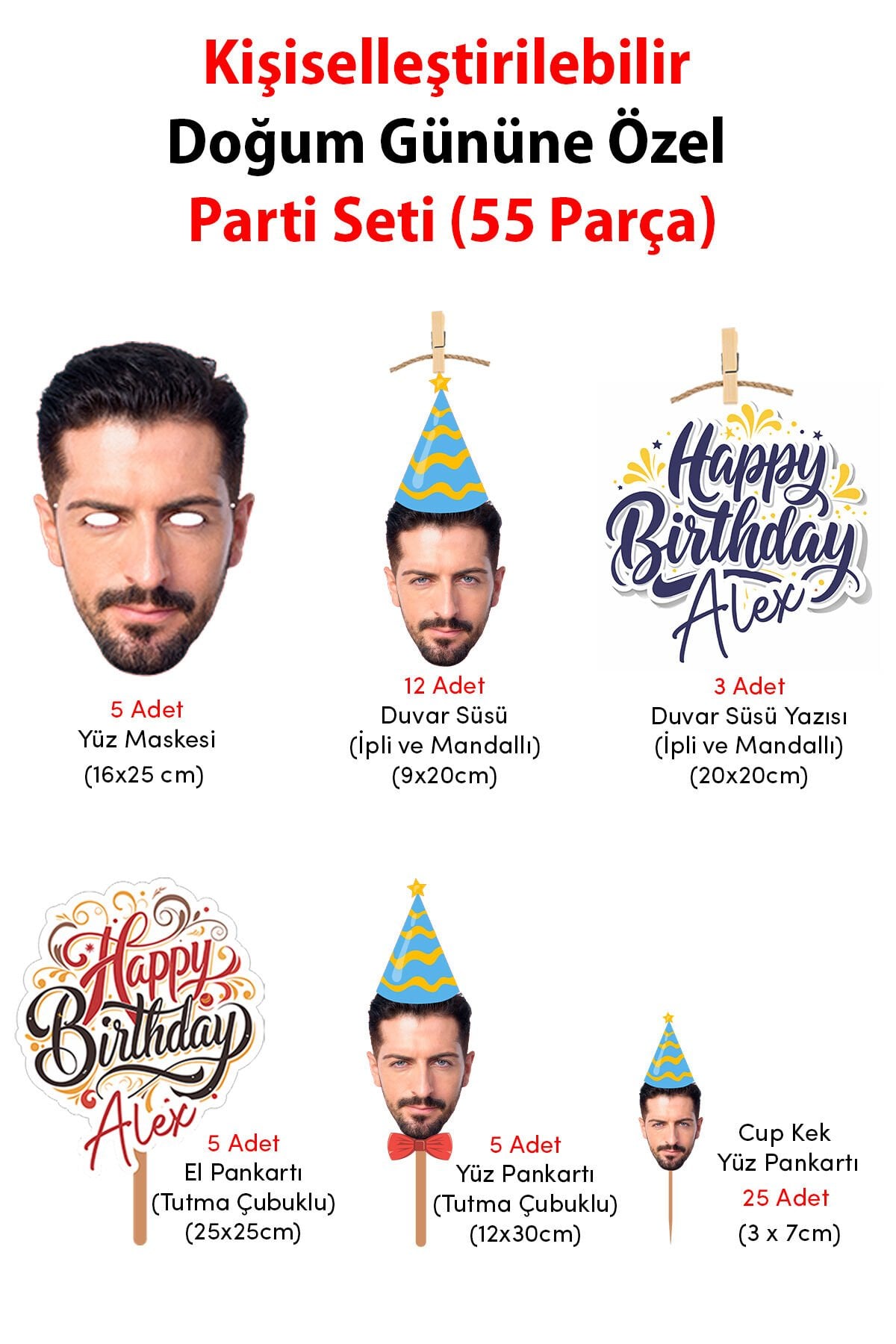 Doğum Gününe Özel Kişiselleştirilebilir Maske Seti - Fotoğraf Baskılı 55Parça Parti Seti