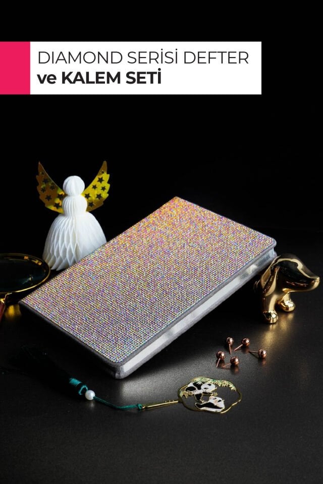 Elegant Diamond Taşlı Defter – A5 Sert Kapak, 160 Sayfa Çizgili Gümüş