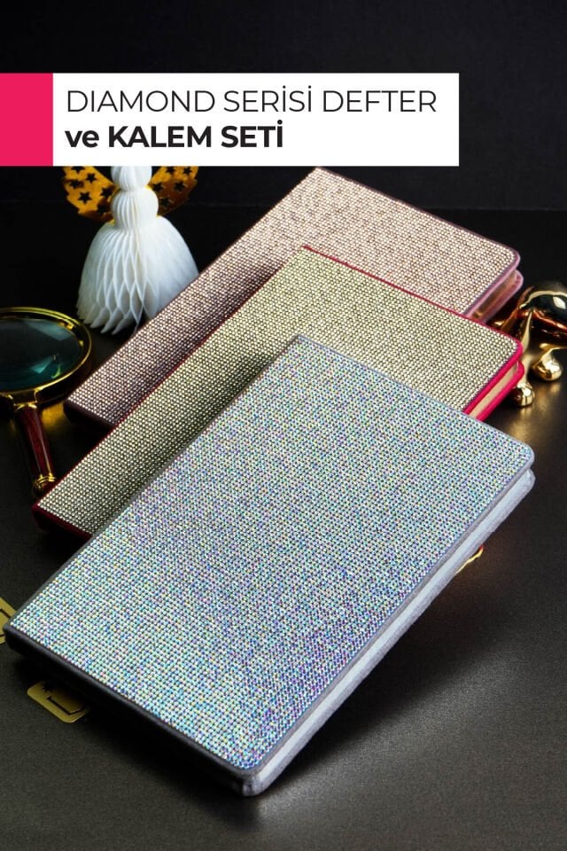 Elegant Diamond Taşlı Defter – A5 Sert Kapak, 160 Sayfa Çizgili Gümüş