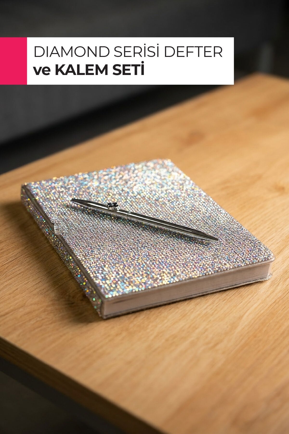 Elegant Diamond Taşlı Defter – A5 Sert Kapak, 160 Sayfa Çizgili Gümüş