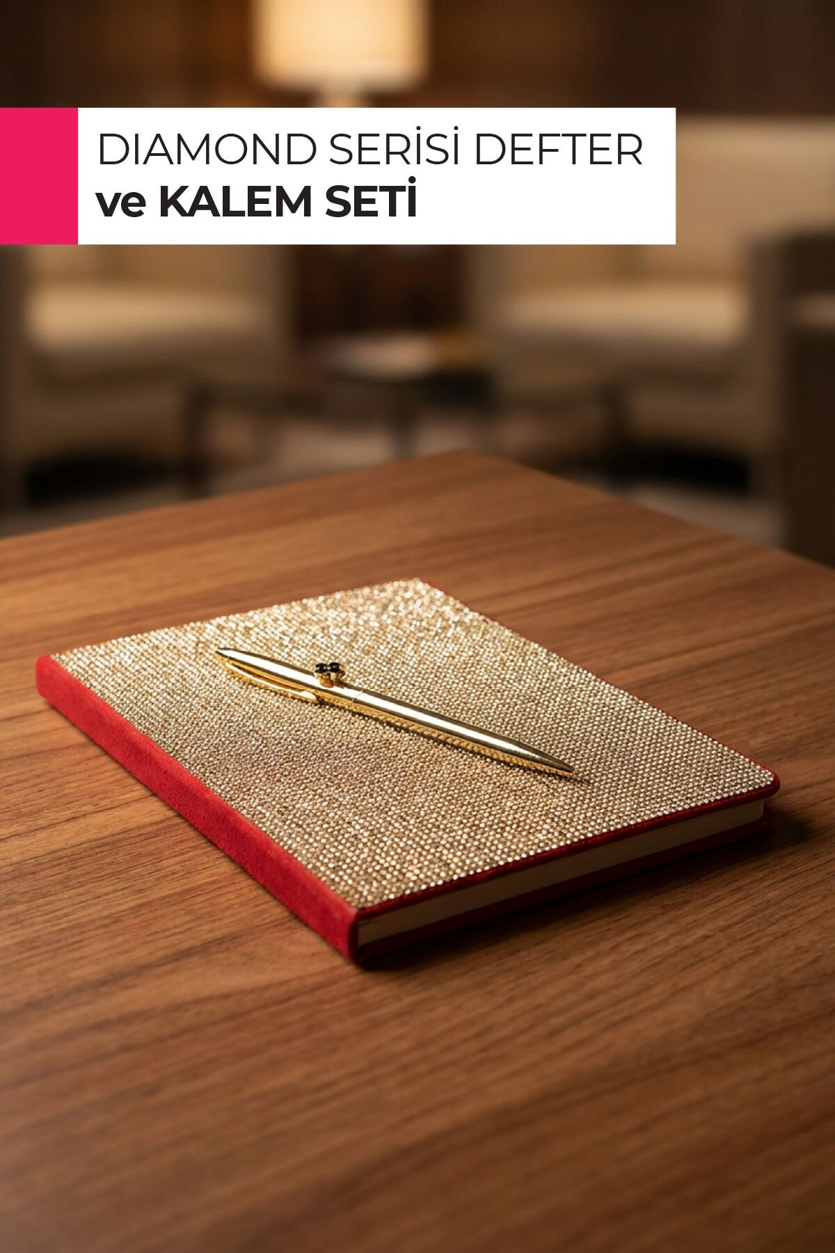 Elegant Diamond Taşlı Defter – A5 Sert Kapak, 160 Sayfa Çizgili Altın