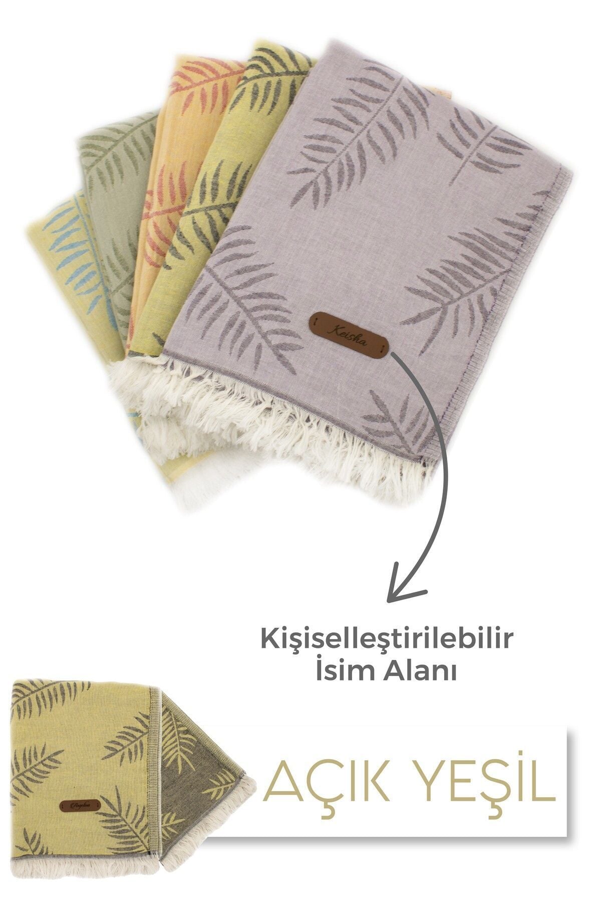 Kişiselleştirilebilir Deri Etiketli Jakarlı Premium Peştamal Lotus Desenli Peştamal Plaj Havlusu Açık Yeşil