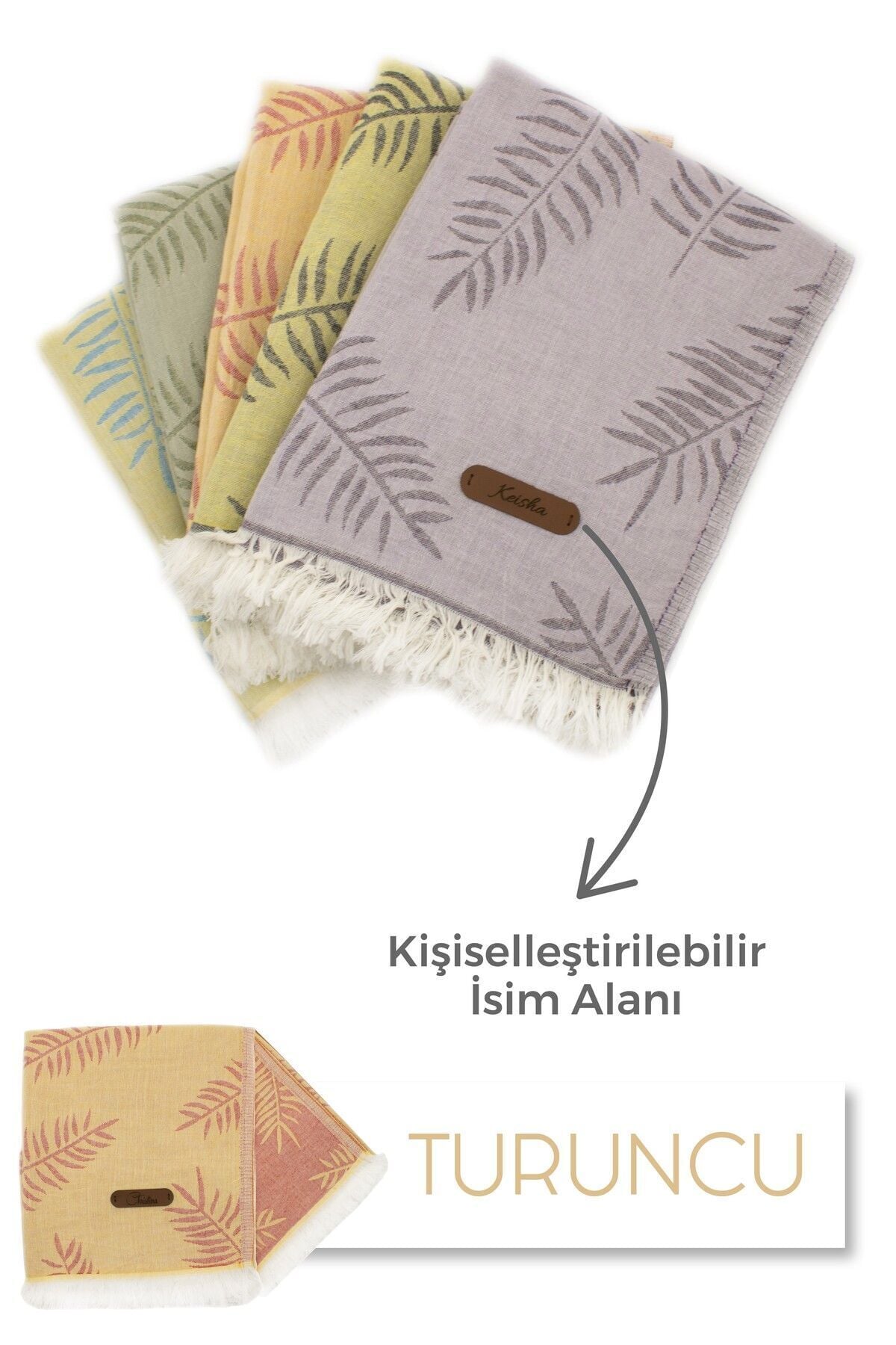 Kişiselleştirilebilir Deri Etiketli Jakarlı Premium Peştamal Lotus Desenli Peştamal Plaj Havlusu Turuncu