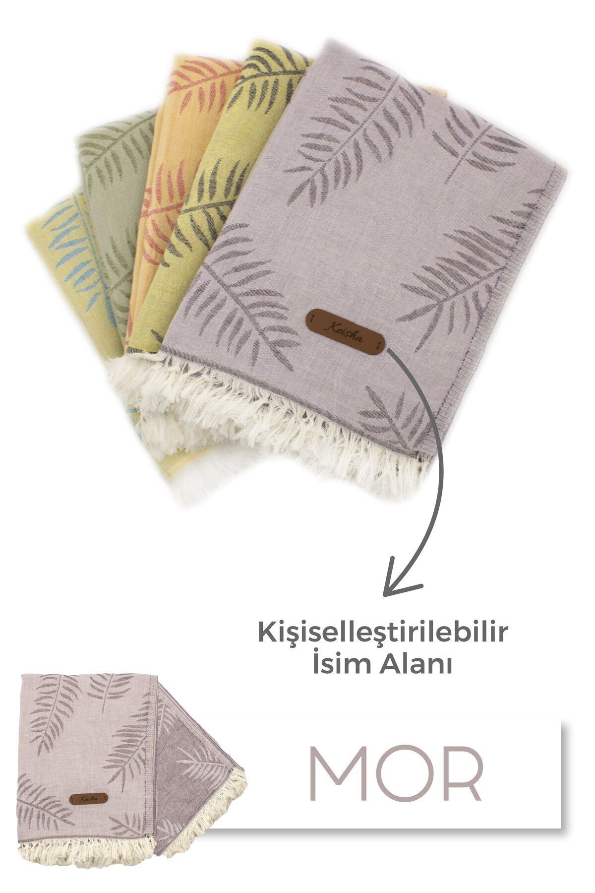 Kişiselleştirilebilir Deri Etiketli Jakarlı Premium Peştamal Lotus Desenli Peştamal Plaj Havlusu Mor