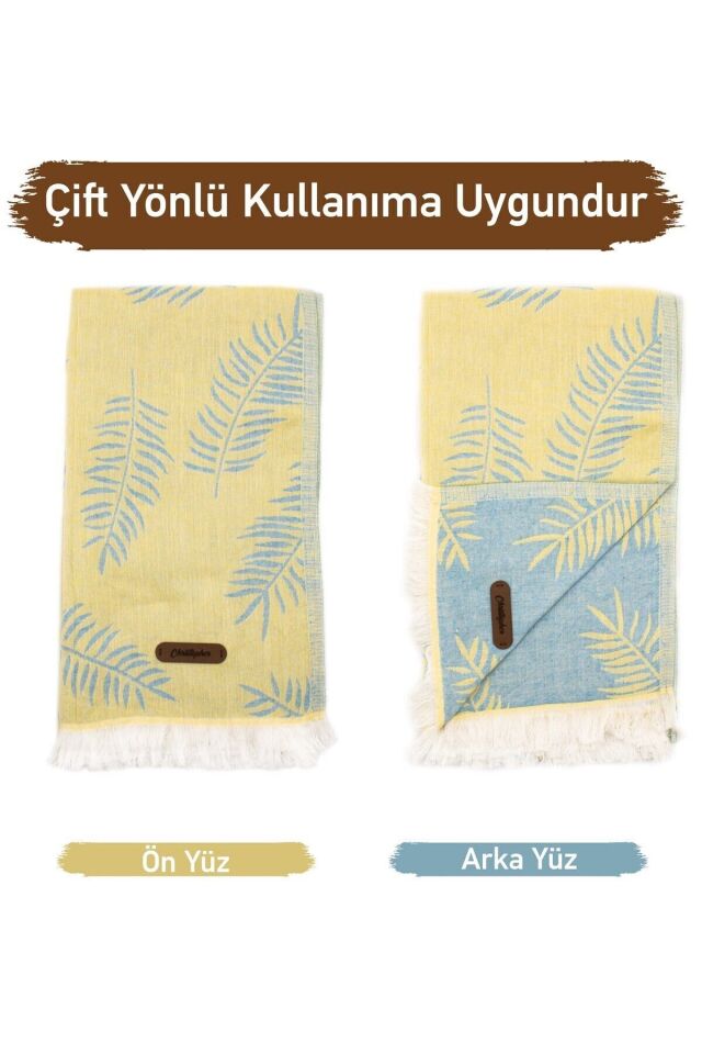 Kişiselleştirilebilir Deri Etiketli Jakarlı Premium Peştamal Lotus Desenli Peştamal Plaj Havlusu Sarı
