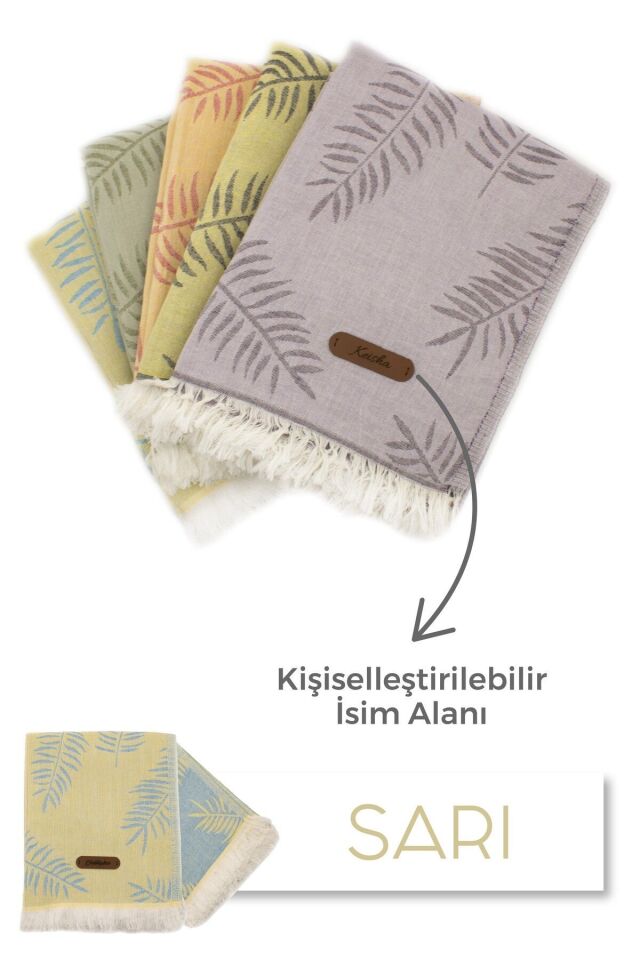 Kişiselleştirilebilir Deri Etiketli Jakarlı Premium Peştamal Lotus Desenli Peştamal Plaj Havlusu Sarı