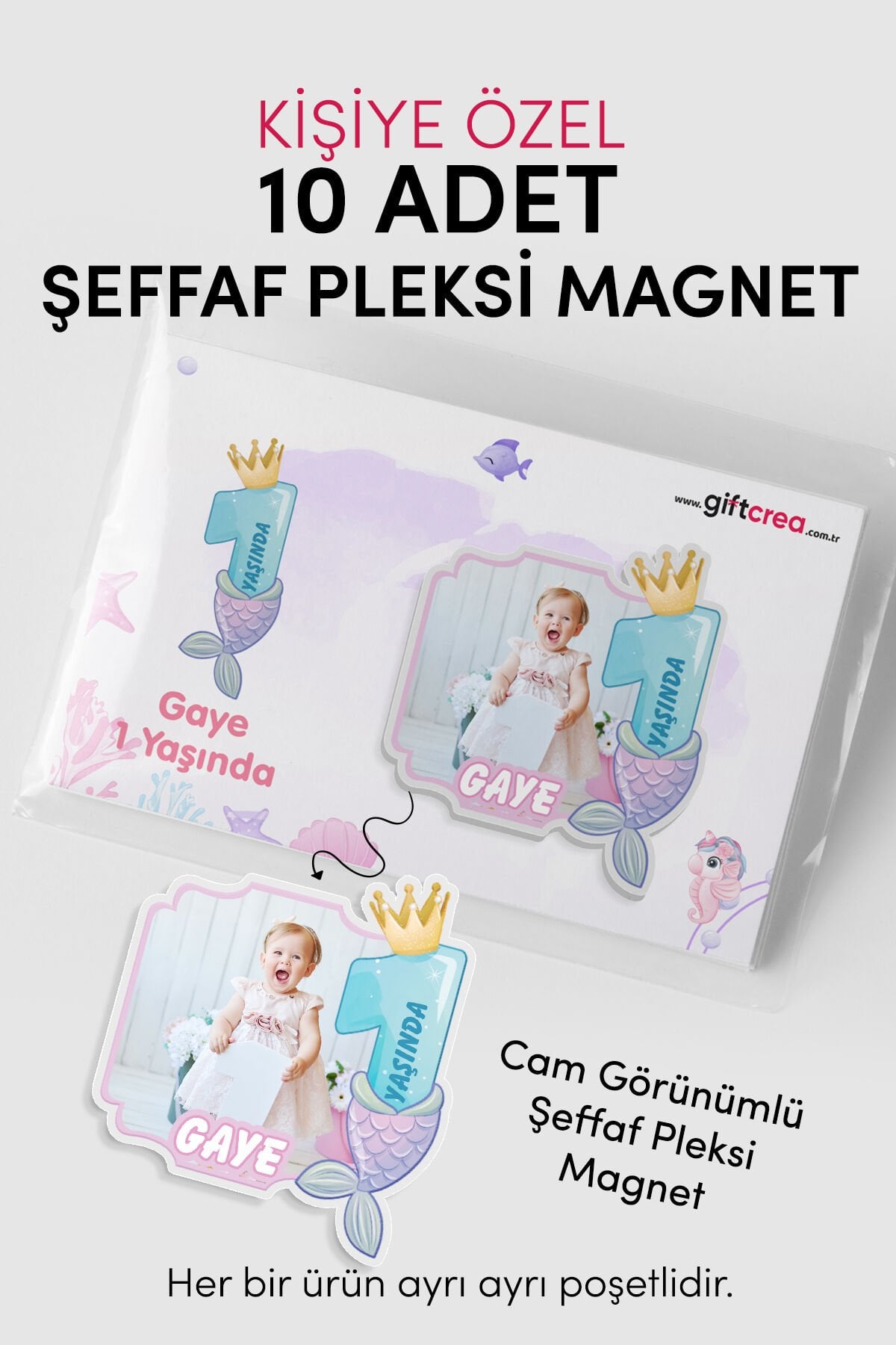 Kişiselleştirilebilir Doğum Gününe Özel Şeffaf Pleksi Magnet – Deniz Kızlı Magnet (Her Yaşa Özel) 10 Adet