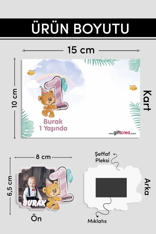 Kişiselleştirilebilir Doğum Gününe Özel Şeffaf Pleksi Magnet – Sevimli Ayıcık Model (Her Yaşa Özel) 10 Adet