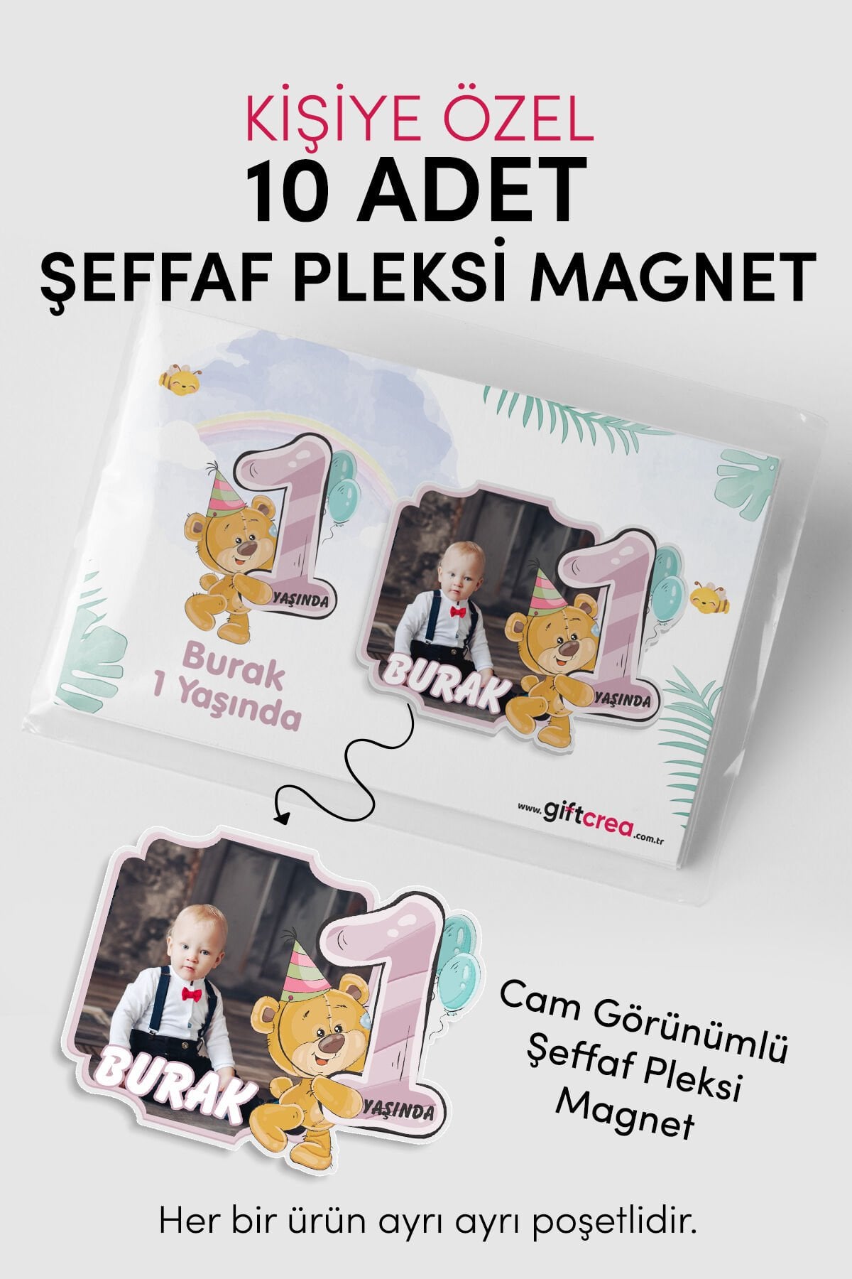 Kişiselleştirilebilir Doğum Gününe Özel Şeffaf Pleksi Magnet – Sevimli Ayıcık Model (Her Yaşa Özel) 10 Adet
