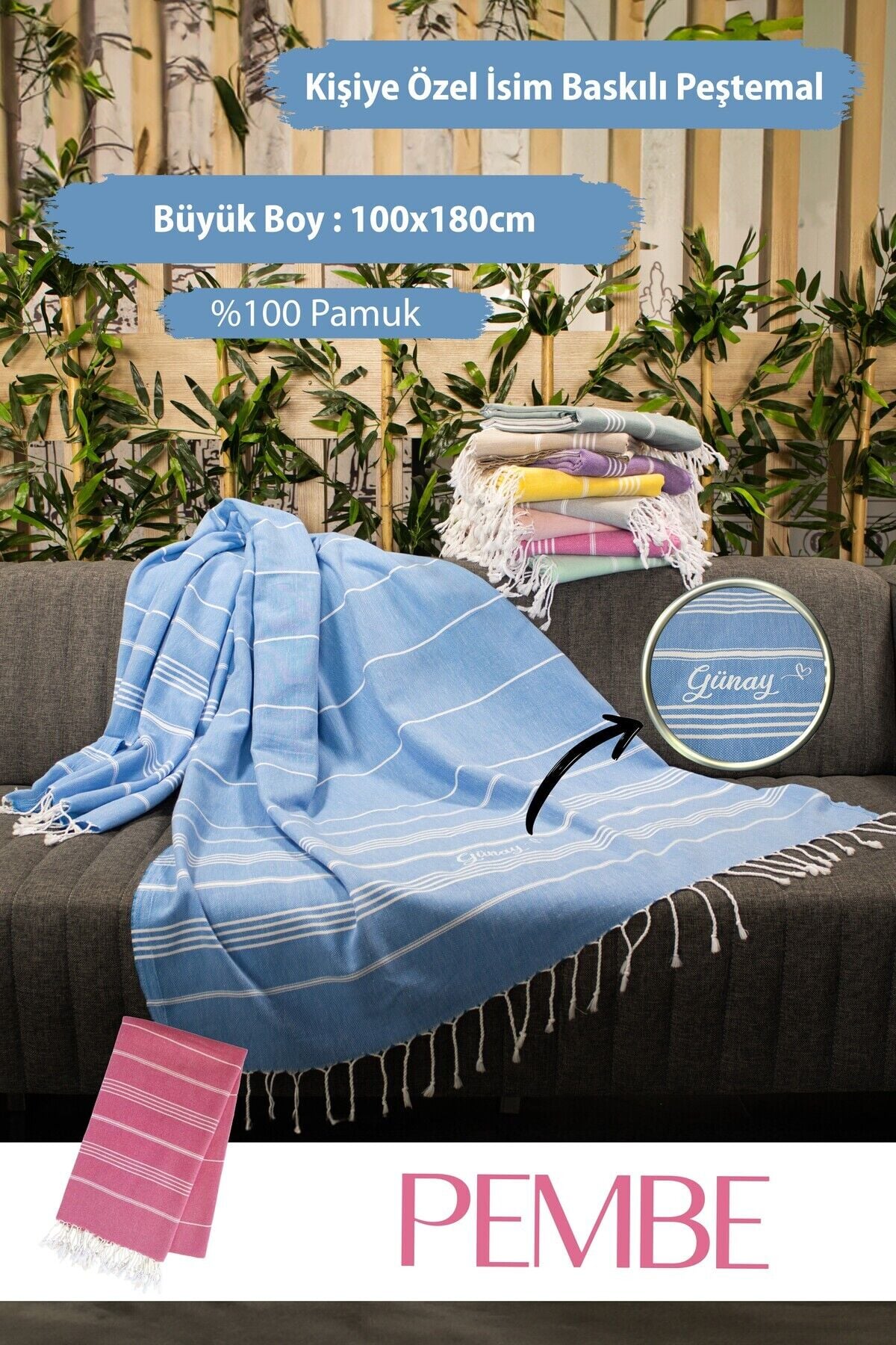 Kişiselleştirilebilir İsim Baskılı Peştemal Yerli Pamuk 100x180cm (XL) Peştamal ve Plaj Havlusu Pembe - 100 x 180