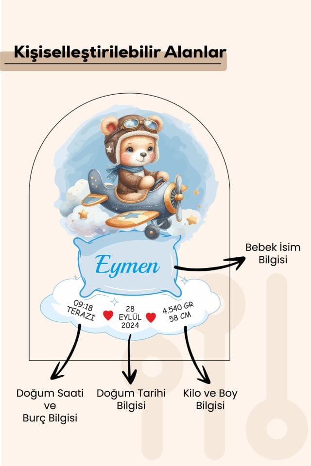 Kişiselleştirilebilir Yenidoğan Bebek Doğum Bilgileri Tablosu – Özel Tasarım Uçaklı Model Erkek