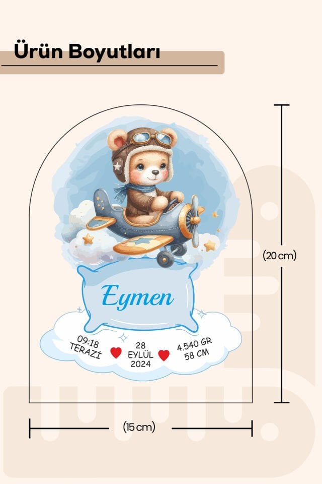 Kişiselleştirilebilir Yenidoğan Bebek Doğum Bilgileri Tablosu – Özel Tasarım Uçaklı Model Erkek
