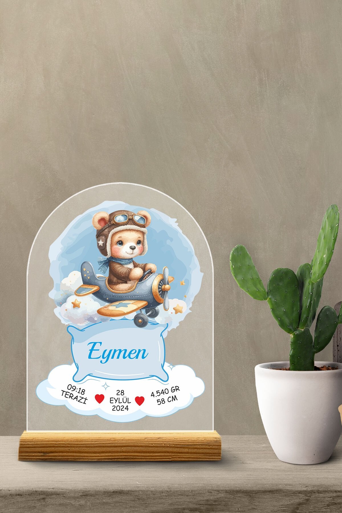 Kişiselleştirilebilir Yenidoğan Bebek Doğum Bilgileri Tablosu – Özel Tasarım Uçaklı Model Erkek