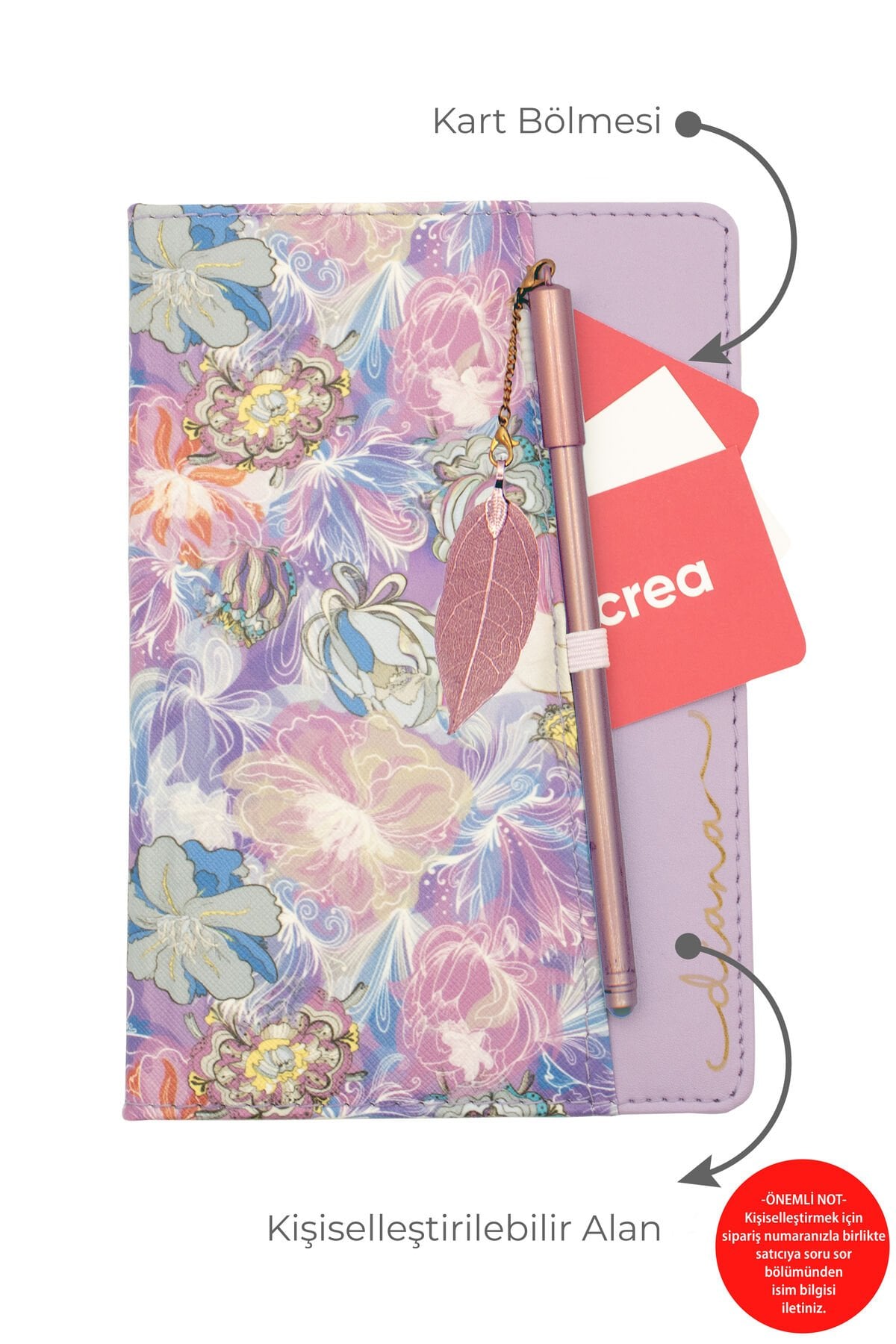 Kişiye Özel Çiçek Desenli Defter ve Tüy Kalem Seti Lazer İsim Kazıma Günlük Kartlıklı Defter Lila