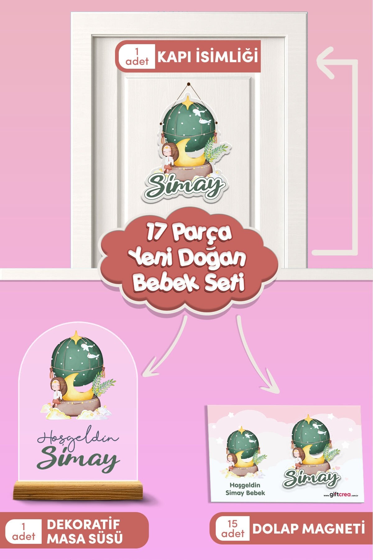 Kişiye Özel Düşler Balonu Temalı 17 Parça Yenidoğan Seti - Kapı Süsü, Masa Süsü, Magnet Kız