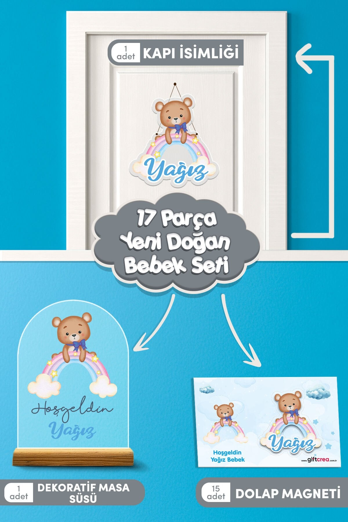 Kişiye Özel Gökkuşağı Temalı 17 Parça Yenidoğan Seti - Kapı Süsü, Masa Süsü, Magnet Erkek