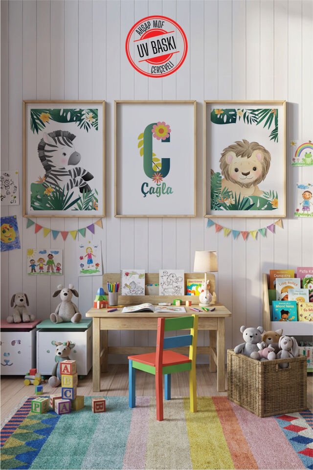 UV Baskılı Çocuk Odası 3'lü Ahşap MDF Tablo Seti - V1 Ahşap - 50x70 cm