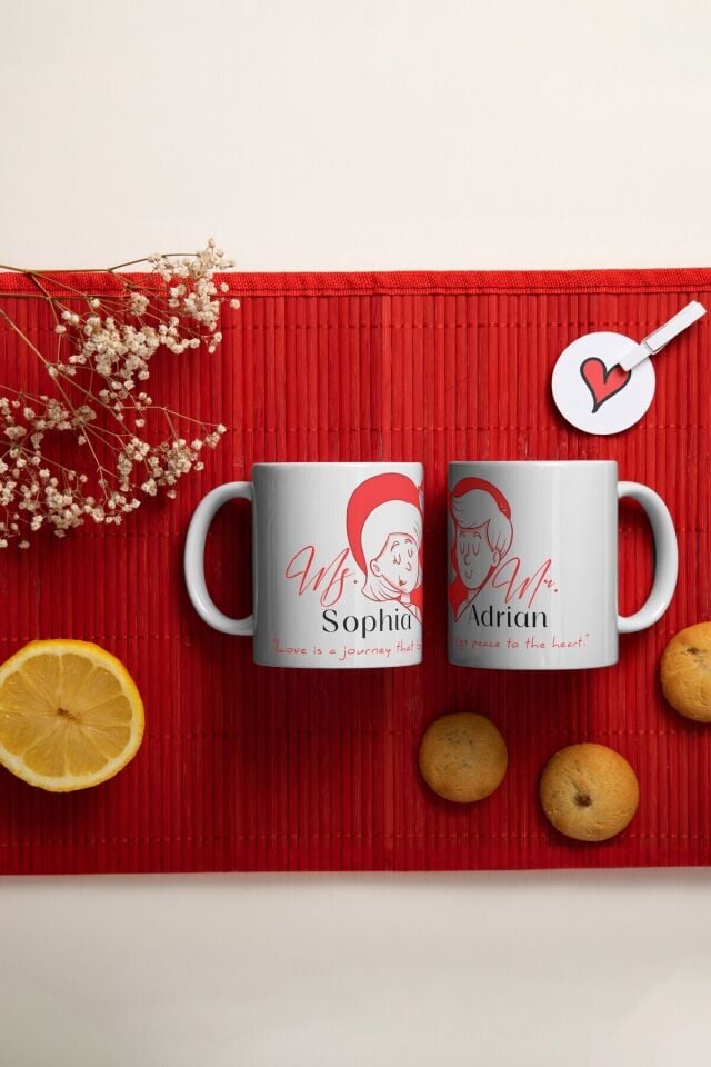Kişiye Özel İsimli Porselen 2li Kupa Bardak Seti, Özel Tasarımlı Sevgililer Günü Hediyesi