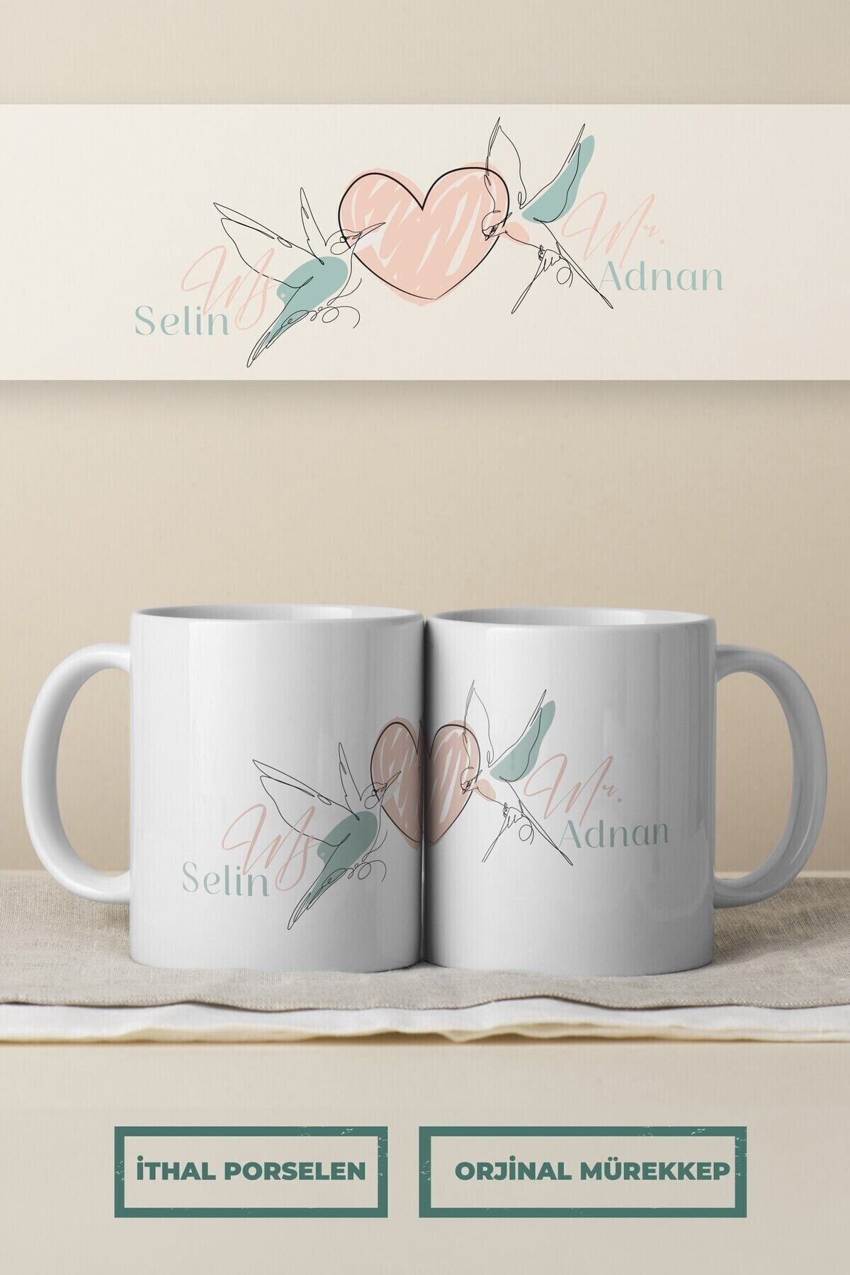 Kişiye Özel İsimli Porselen 2li Kupa Bardak Seti, Özel Tasarımlı Sevgililer Günü Hediyesi